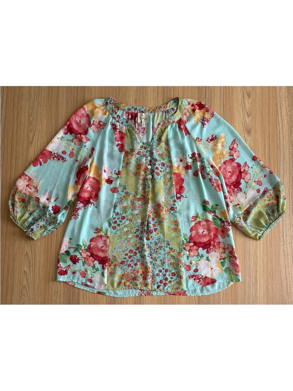 Fig and Flower Floral Boho Balloon Sleeve Top Wmns L Aqua Peasant Fairy Romantic